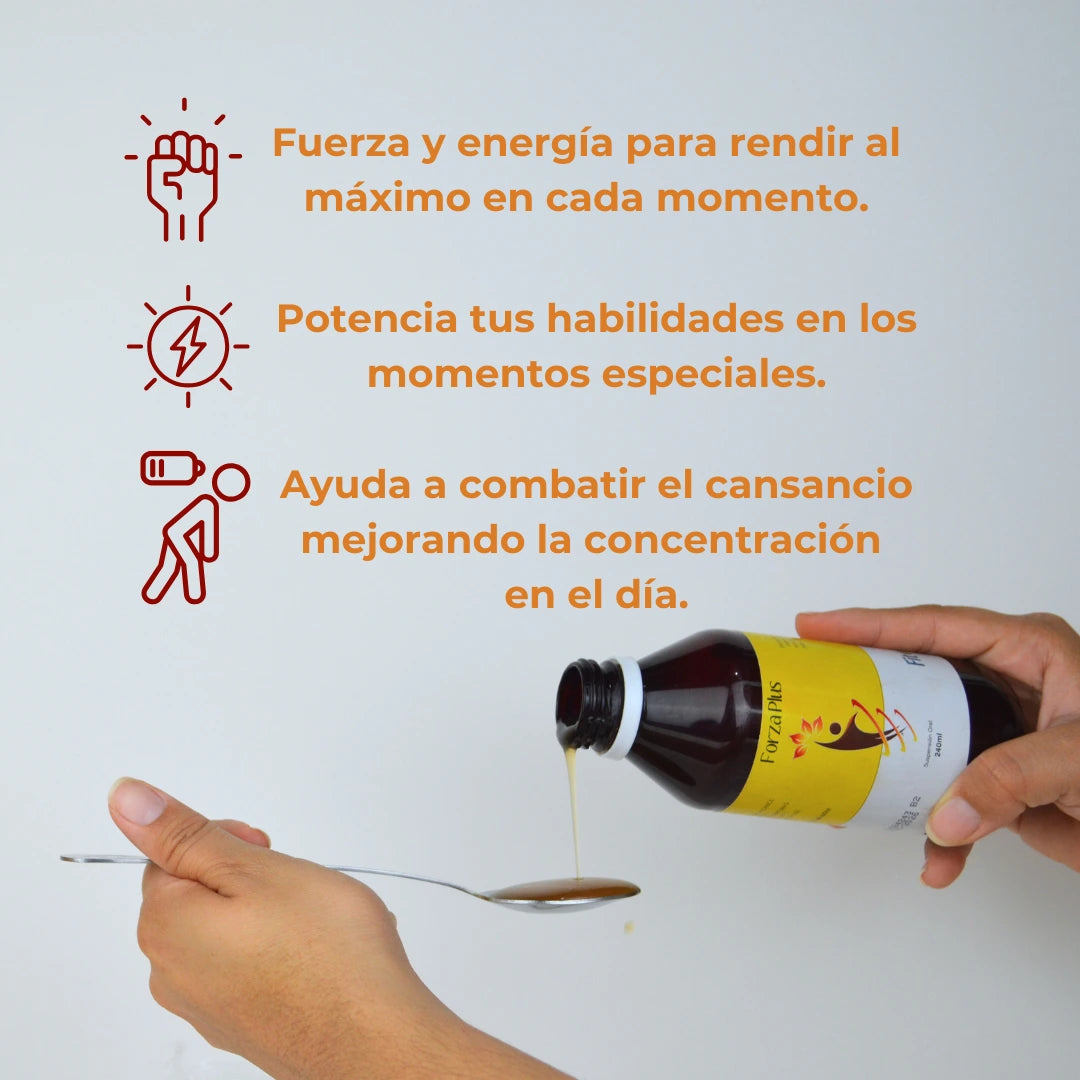Se muestran manos sirviendo una cucharadita de Forza Plus desde su frasco. En La parte superior se muestra tres iconos con mensajes: “Fuerza y energía para rendir al máximo”, “Potencia tus habilidades en momentos especiales” y “Ayuda a combatir el cansancio mejorando la concentración”.