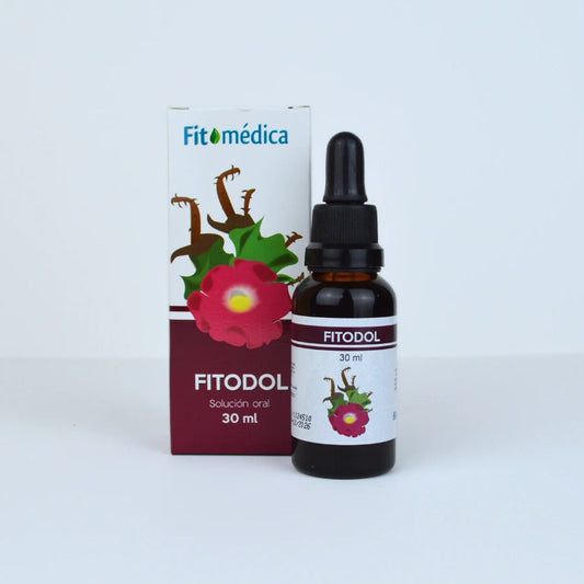 Se muestra el frasco de Fitodol de 30 ml junto a su caja. La etiqueta muestra el nombre del medicamento, con un diseño que incluye una flor.