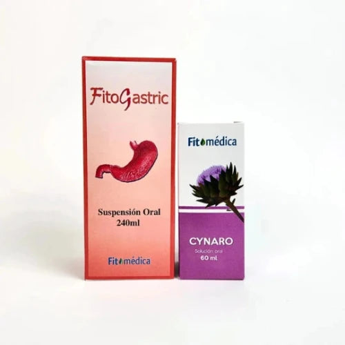 Se muestran dos medicamentos de la marca Fitomedica. A la izquierda, una caja del medicamento FITOGASTRIC de 240 ml, que tiene un diseño anaranjado con una ilustración de estómago. A la derecha una caja del medicamento CYNARO de 60 ml, con una diseño color morado y la ilustración de una flor.
