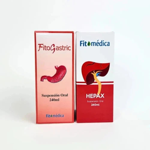 Se muestra dos medicamentos de la marca Fitomedica. A la izquierda, una caja del medicamento FITOGASTRIC de 240 ml, que tiene un diseño color anaranjado con una ilustración de un estómago. A la derecha, una caja del medicamento HEPAX de 240 ml, con un diseño color rojo y la ilustración de un hígado.