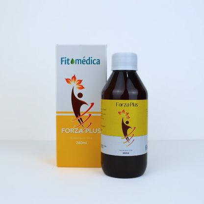 Se muestra frasco de Forza Plus de 240 ml junto a su caja. El diseño es de tonos amarillos con una figura. El fondo es blanco.