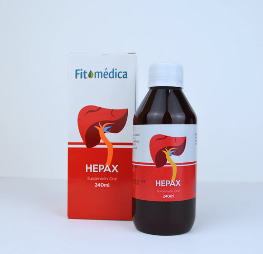 Se muestra frasco de Hepax de 240 ml junto a su caja. En la etiqueta se muestra el nombre del medicamento, con ilustración de un hígado en tonos rojos y blancos.