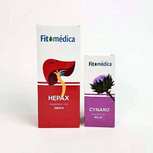 Se muestran dos medicamentos de la marca Fitomedica. A la izquierda, una caja del medicamento HEPAX de 240 ml, que tiene  un diseño rojo con ilustración de un hígado. A la derecha, una caja del medicamento CYNARO de  60 ml, con un diseño de color morado y la ilustración de una flor.