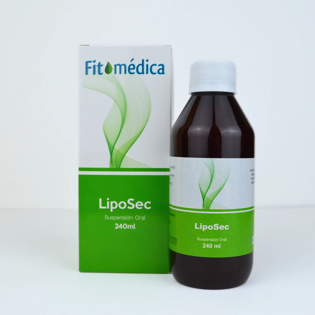 Se muestra un frasco de LipoSec de 240 ml junto a su caja. Los diseños colores vendes y blancos. La etiqueta muestra el nombre del medicamento.
