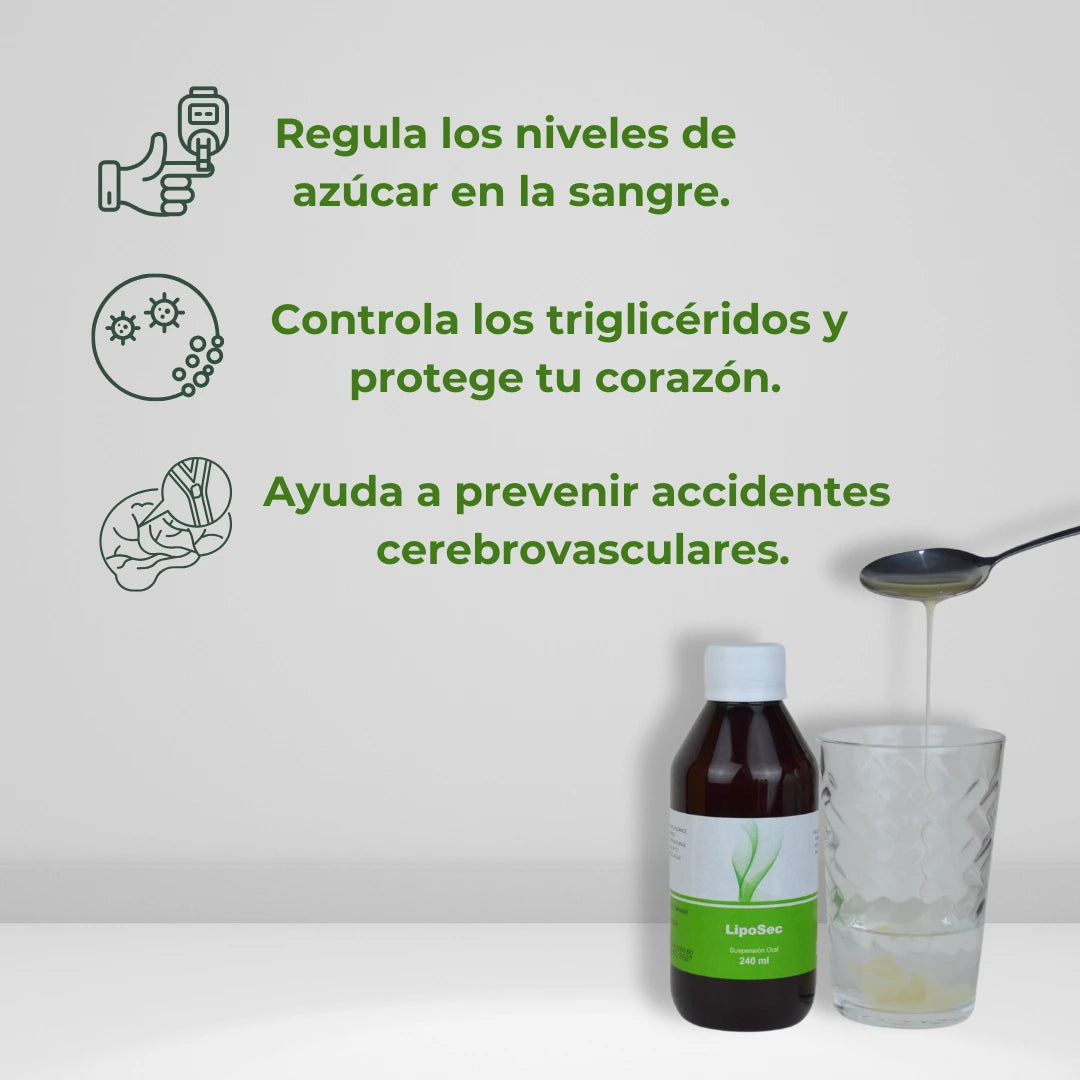 Se muestra el frasco del medicamento LipoSec, junto a un vaso donde se está vertiendo medicamento. En la parte superior se muestran 3 beneficios destacados.